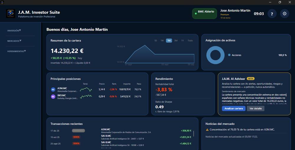 Panel principal de J.A.M. Investor Suite